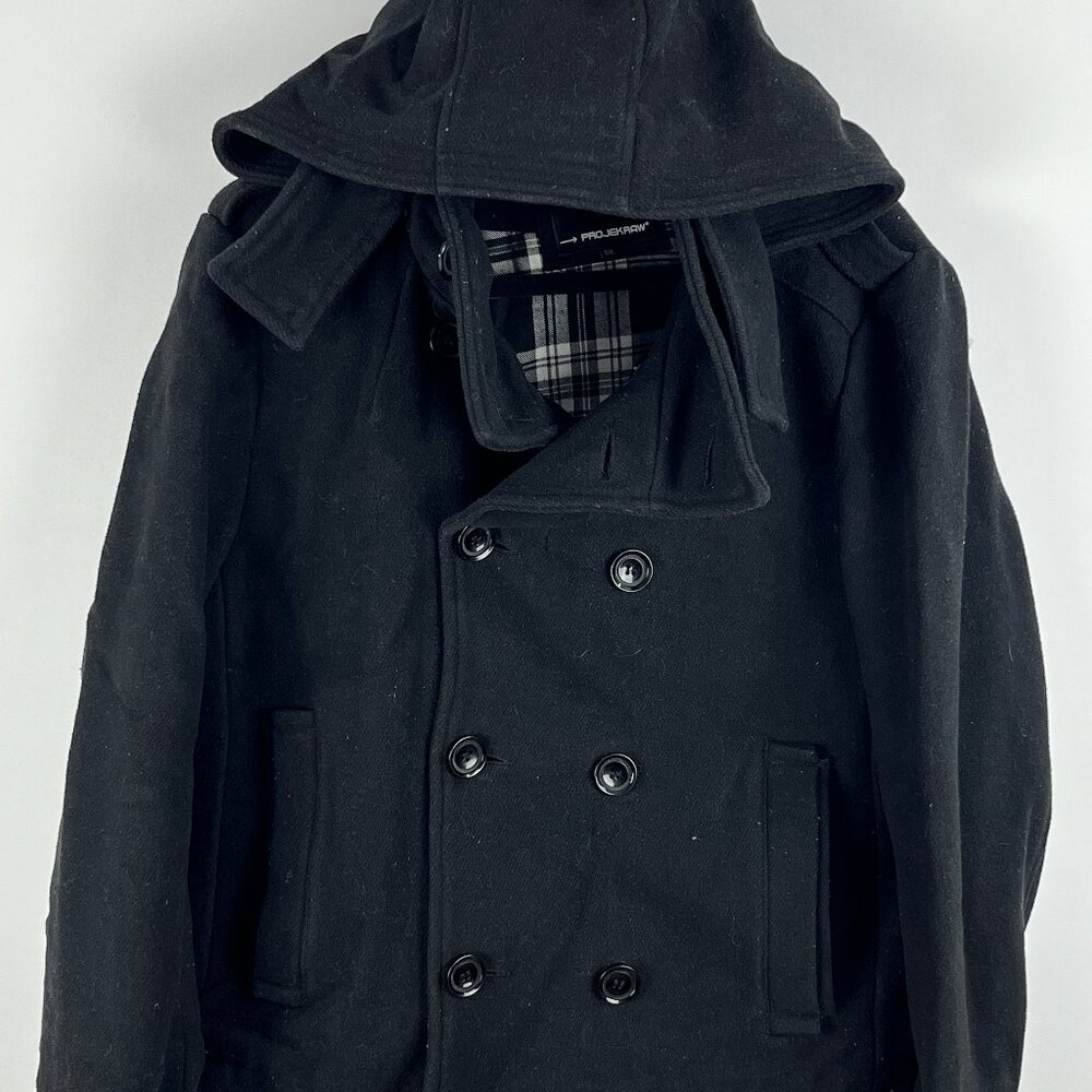 Projek Raw Pea Coat Size L Black Long Sleeve Hooded Double Breasted 8 Button